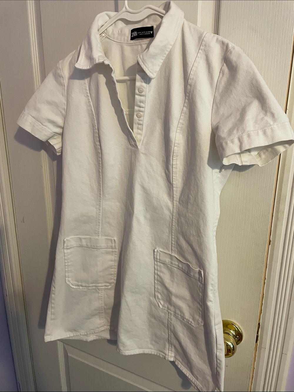 Zara White Denim Dress with Front Pockets - Size Medium